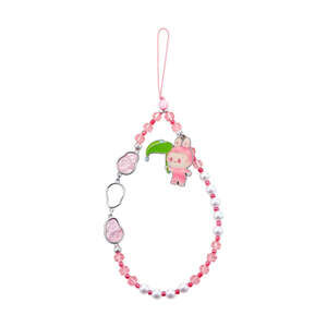 Pink Beaded Phone Charm Wristlet with Cartoon Bunny and Leaf Charm